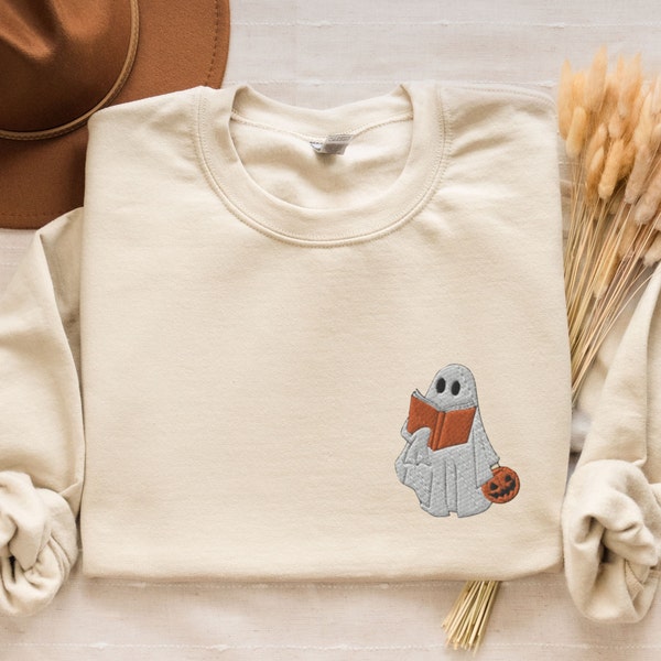 Embroidered Ghost Reading Book Sweatshirt, Cute Halloween Shirt For Book Lover, Ghost Reader Embroidery, Halloween Bookish Ghost Embroidery