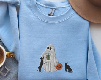 Embroidered Black Cats with Ghost Sweatshirt, Cute Halloween Shirt For Cat Mom, Ghost And Cats Embroidery, Spooky Season Crewneck, Cat Mama