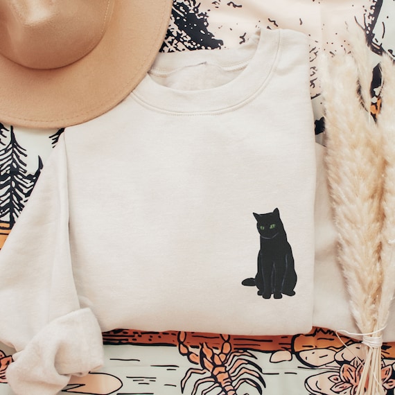 Embroidered Black Cat Sweatshirt, Halloween Cat Crewneck Embroidered, Black Cat Lover Shirt, Spooky Cat Embroidery, Black Cat Mom Gift