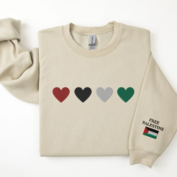 Embroidered Palestine Flag Hearts Sweatshirt, Palestinian Flag Colors Crewneck, Free Palestine, Support Palestine, Gaza Shirt, Protest