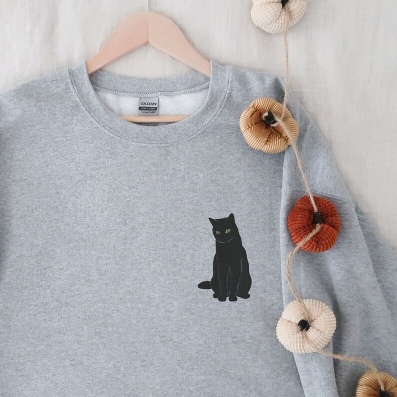 Embroidered Black Cat Sweatshirt, Halloween Cat Crewneck Embroidered, Black Cat Lover Shirt, Spooky Cat Embroidery, Black Cat Mom Gift Sport Grey