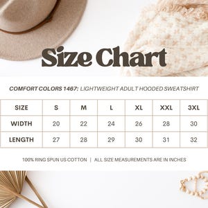 May include: A size chart for a lightweight adult hooded sweatshirt, with measurements in inches. The chart includes sizes S to 3XL, detailing width and length dimensions. The text reads "100% ring spun US cotton" and "all size measurements are in inches."