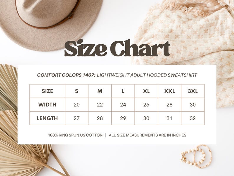 May include: A size chart for a lightweight adult hooded sweatshirt, with measurements in inches. The chart includes sizes S to 3XL, detailing width and length dimensions. The text reads "100% ring spun US cotton" and "all size measurements are in inches."