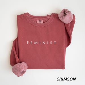 Pu&ograve; includere: Felpa color cremisi con la scritta "FEMINIST" stampata in bianco. La maglia a maniche lunghe ha uno scollo tondo e un aspetto morbido e strutturato. Le maniche sono rifinite con un tessuto rosa pi&ugrave; chiaro.