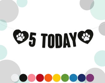 May include: Black and white felt banner with paw print hearts on each end and the text "5 TODAY" in the center. The banner is strung on a white string.