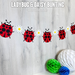 Ladybird & Daisy Bunting | 13cm Red Felt Ladybugs with Flowers | Handmade Decoration Garland | Insect Theme | Custom Length | Made in UK