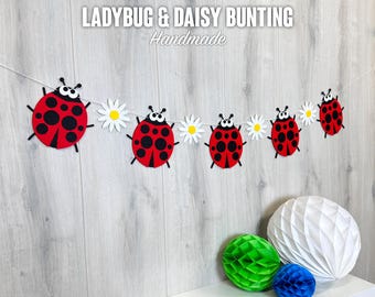 Ladybird & Daisy Bunting | 13cm Red Felt Ladybugs with Flowers | Handmade Decoration Garland | Insect Theme | Custom Length | Made in UK