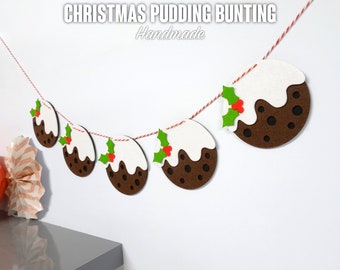 Christmas Pudding Festive Bunting | 10cm Decoration Banner | Custom Length | Hand Assembled in the UK | Red & White String