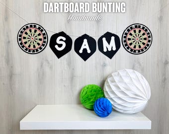 Personalised Name Dartboard Bunting | Custom Felt Banner | 2 Dartboards & Flight Shaped Flags | Made to Order Party Decoration
