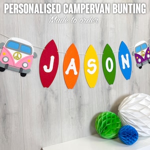 Vintage Campervan & Surfboard Custom Bunting | 17cm Coloured Vans | Handmade Decoration Garland | Camping Theme | Custom Name | Made in UK