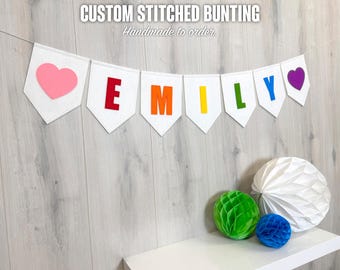 Premium White Flag Custom Name Bunting | 19cm Stitched Pennant Flags | Party & Nursery Garland | 26 Letter Colours | 2mm Thick Felt