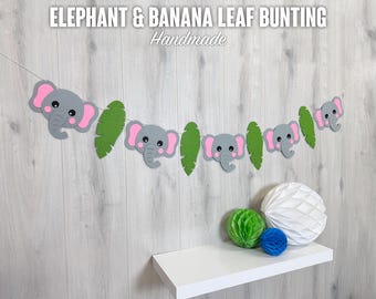 Wimpelkette mit Elefant und Bananenblatt | Safari Tier Filz Girlande | 15 cm Graue Elefanten und Blätter | Handgefertigt in Großbritannien | Kinderzimmer oder Party Dekor