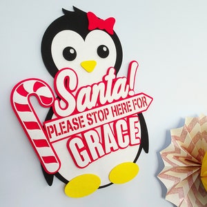Personalised Christmas Penguin Sign | Santa Please Stop Here! | Custom Name Decoration | 30cm Tall | 8mm Thick | Door or Wall Decor