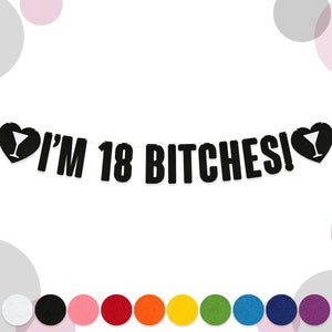 Bandeirinhas de aniversário I'M 18 BITCHES | Faixa de festa com letras de feltro de 15 cm | Decoração engraçada para aniversário de 18 anos | 10 cores | 2 mm de espessura | Faixa engraçada