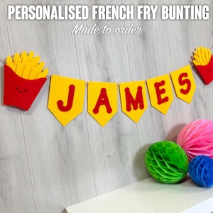Personalised French Fry Name Bunting | Fast Food Theme Party Banner | 2 Felt Fries | Custom Name Garland | Fun Decoration