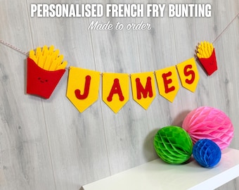 Personalised French Fry Name Bunting | Fast Food Theme Party Banner | 2 Felt Fries | Custom Name Garland | Fun Decoration