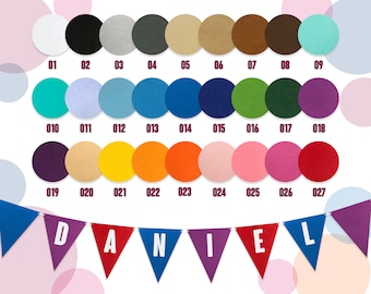 May include: A chart of 27 different colored felt circles, numbered 01 to 27. The circles are arranged in three rows of nine. Below the circles is a banner with the word "DANIEL" in purple, red, blue, purple, and red letters.