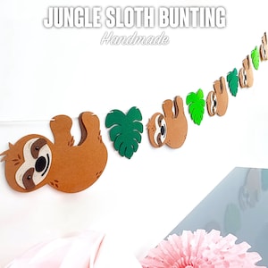 Sloth & Leaf Bunting | Jungle Decoration Banner | Felt Sloths With Monstera Leaves | Custom Length | Handmade in the UK
