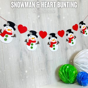 Snowman & Heart Festive Felt Bunting | 15cm Decoration Banner | Custom Length | Hand Assembled in the UK | Red/White String