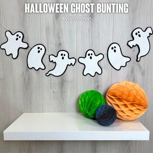 Halloween Ghost Banner Bunting | Handmade Spooky Party Garland | Felt Ghost Design | White & Black | Custom Length