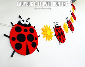 Ladybird & Flower Bunting : Insect Decoration Banner, Designed and Assembled in the UK - 5x 13cm 3mm Red Felt Ladybug with Daisy Flowers