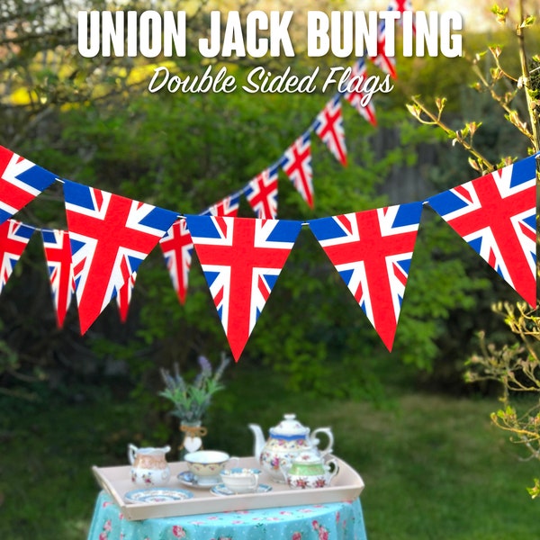 British Union Jack Bunting : Double Sided UK Flag Garland, Indoor/Outdoor Banner Custom Length Decoration, 2mm Thick Felt, Fully Assembled