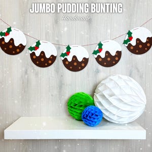 Jumbo Christmas Pudding Festive Bunting / Decorazione Banner Garland / Scegli la tua lunghezza / Assemblato a mano nel Regno Unito / Filo rosso/bianco