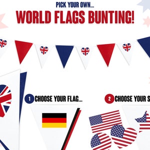 Pick Your Own Country Flag Bunting | Personalised Felt Flags | 11 Flags | 3m Banner | Heart, Star & Circle Shapes