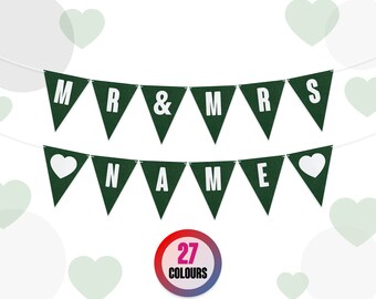 Banderines de boda personalizados "MR & MRS" / Banderín con nombre personalizado / 27 colores / Banderas de 21 cm / Letras blancas / Totalmente ensamblado