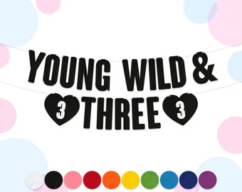 YOUNG WILD & THREE Banner - Personalised Birthday Bunting : 15cm Felt Letters Party Decorations Garland, Pick From 9 Colours, 2mm Thick