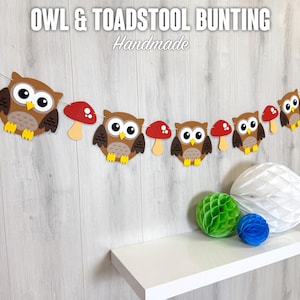 Owl and Toadstool Felt Bunting | Woodland Animal Banner | 15cm Handmade Owls | Forest Nursery Garland | Party or Baby Shower Decor