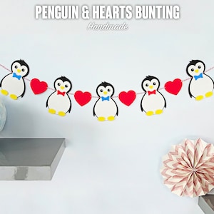 Penguin & Heart Christmas Bunting | Handmade Festive Felt Banner | Blue/Red Bows | Custom Length | Red And White String