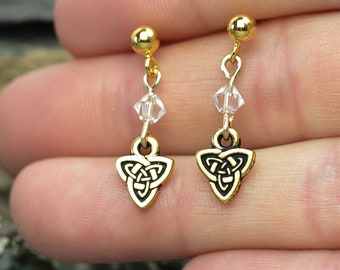 Gold Celtic Triangle Clear Crystal Stud, April & Aries Birthstone