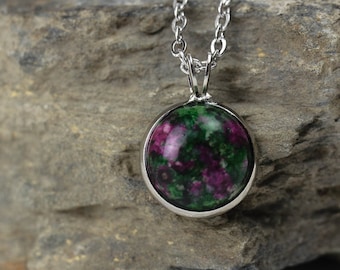 Ruby Zoisite Silver Pendant, Stainless Steel Necklace Natural Gemstone