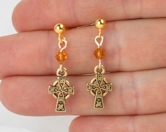 TOPAZ GOLD CELTIC Cross Studs | November Birthstone Earrings with Celtic Knot Design | Yellow Gold & Austrian Crystals | Push Back Style