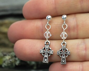 STERLING SILVER CELTIC Cross Studs with Crystal | April Aries Birthstone | Petite Celtic Earrings | Handmade Jewellery | Push Back Closure