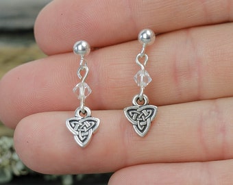 Sterling Silver Celtic Knot Earrings | Crystal Triangle Studs