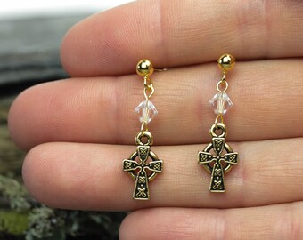 Clear Crystal Gold Celtic Cross Stud, April & Aires Birthstone