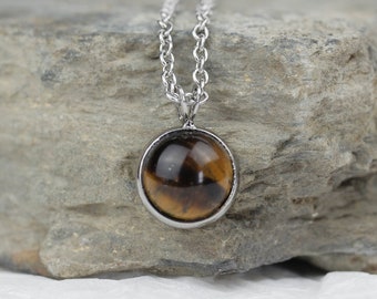 Tigers Eye Silver Look Pendant, Natural Gemstone, Silver Tone Stainless Steel