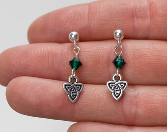 Emerald Crystal Sterling Silver Celtic Triangle Studs, May, Taurus Birthday