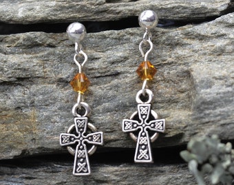 Topaz Celtic Cross Sterling Silver Studs, November Birthstone