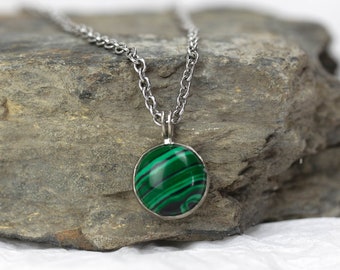 Malachite Silver Look Pendant, Silver Stainless Steel Necklace, Natural Gemstone