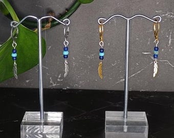 Pendientes de plumas y piedras preciosas azules, acero inoxidable plateado o dorado, estilo boho