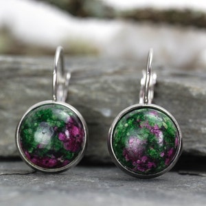 RUBY ZOISITE SILVER Look Drop Earrings | Natural Gemstone Jewellery | Silver Tone Stainless Steel | 35mm Long | Latch Back Closure
