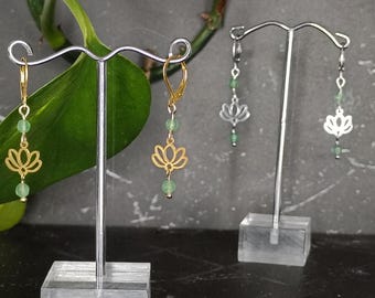 Pendientes de flor de loto con piedra preciosa de cuarzo verde, acero inoxidable plateado o dorado, estilo boho