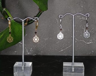 Pendientes de flor de cuarzo ahumado, acero inoxidable dorado o plateado, estilo bohemio celta.