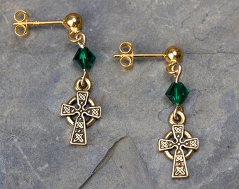 EMERALD CRYSTAL GOLD Celtic Cross Studs - May Taurus Birthstone, Green and Yellow Gold| Sterling Silver| Push Back Closure| Gift Wrapped