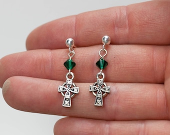 Emerald Crystal Sterling Silver Celtic Cross Studs, May, Taurus Birthday