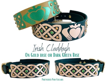 May include: Two dog collars with an Irish Claddagh design. One collar is dark green with gold accents and the other is gold with green accents. Both collars feature a Celtic knot design and rhinestones. The text "Irish Claddagh" and "On Gold Base or Dark Green Base" is displayed below the collars.