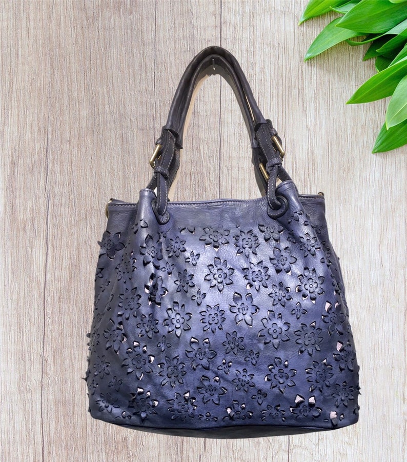Hobo soft leather bag with handles and shoulder strap, FLOWERS w Hobo soft leather bag with handles and shoulder strap, FLOWERS w